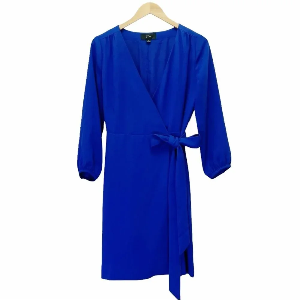 J. Crew Balloon Sleeve True Wrap Dress in 365 Crepe Cobalt Blue Career Size 4